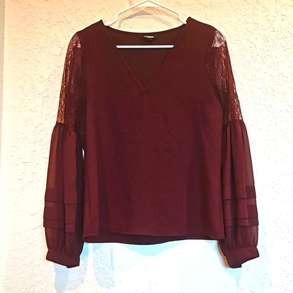 Express Burgundy V Neck Lace Detail Blouse Size S/P